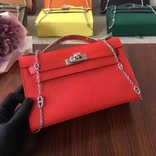 Hermes Mini Kelly 22cm Epsom Leather Red Silver con tracolla a catena