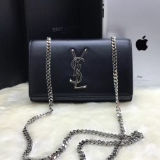 YSL Borsa a catena in pelle liscia 22 cm nero argento
