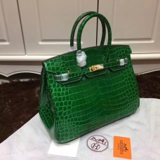 Hermes Birkin 35cm Borsa a mano in pelle di coccodrillo verde oro