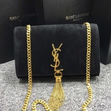 Borsa a catena con nappe YSL 22 cm in pelle scamosciata nera