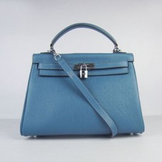 Hermes Kelly 32cm Togo Borsa a mano in pelle blu/argento