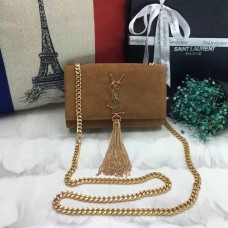 Borsa YSL piccola con catena con nappe, 17 cm, in pelle scamosciata, cammello