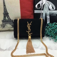 Borsa YSL piccola con catena con nappe 17 cm in pelle scamosciata nera