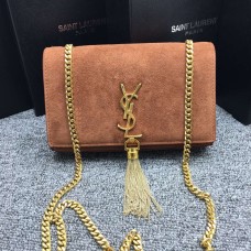 Borsa a catena con nappe YSL 22 cm in pelle scamosciata marrone