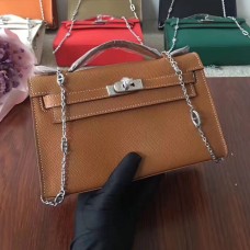 Hermes Mini Kelly 22cm Epsom Leather Camel Silver con tracolla a catena