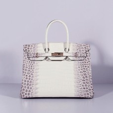 Hermes Birkin 35cm Borsa a mano in pelle di coccodrillo grigio bianco oro