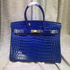 Hermes Birkin 35cm Borsa a mano in pelle di coccodrillo blu elettrico oro