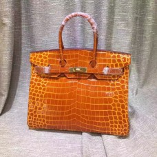 Hermes Birkin 35cm Borsa a mano in pelle di coccodrillo arancione oro