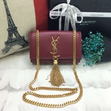 Borsa YSL piccola in pelle con catena e nappa 17 cm bordeaux