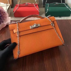 Hermes Mini Kelly 22cm Epsom in pelle arancione argento con cinturino a catena