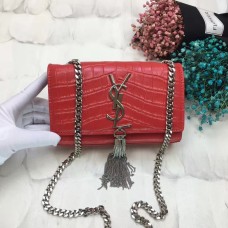Borsa a catena con nappe YSL 17cm Croco Red Silver