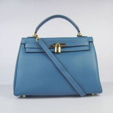 Hermes Kelly 32cm Togo Borsa a mano in pelle blu/oro