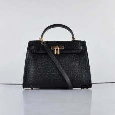 Hermes Kelly 32 cm vena di struzzo 6108 nero dorato