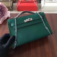 Hermes Mini Kelly 22cm Epsom in pelle verde argento con tracolla a catena