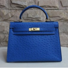 Hermes Kelly 32cm Borsa a mano con vena di struzzo blu dorato