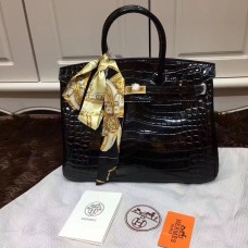 Hermes Birkin 35cm Borsa a mano in pelle di coccodrillo nero oro