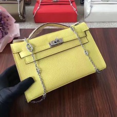 Hermes Mini Kelly 22cm Epsom in pelle giallo argento con tracolla a catena