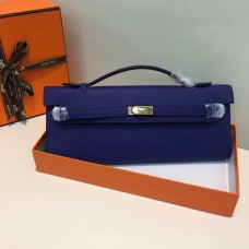 Pochette Hermes Kelly Cut 31cm In Pelle Epsom Blu Elettrico