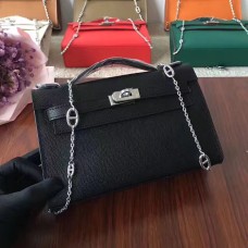 Hermes Mini Kelly 22cm Epsom in pelle nera argento con tracolla a catena