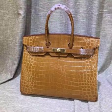 Hermes Birkin 35cm Borsa a mano in pelle di coccodrillo marrone oro