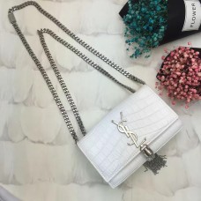 YSL Borsa a catena con nappe 17 cm Croco White Silver