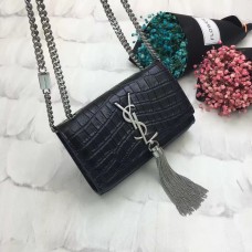 YSL Borsa a catena con nappe 17 cm Cocco nero argento