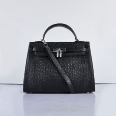 Hermes Kelly 32 cm vena di struzzo 6108 argento nero